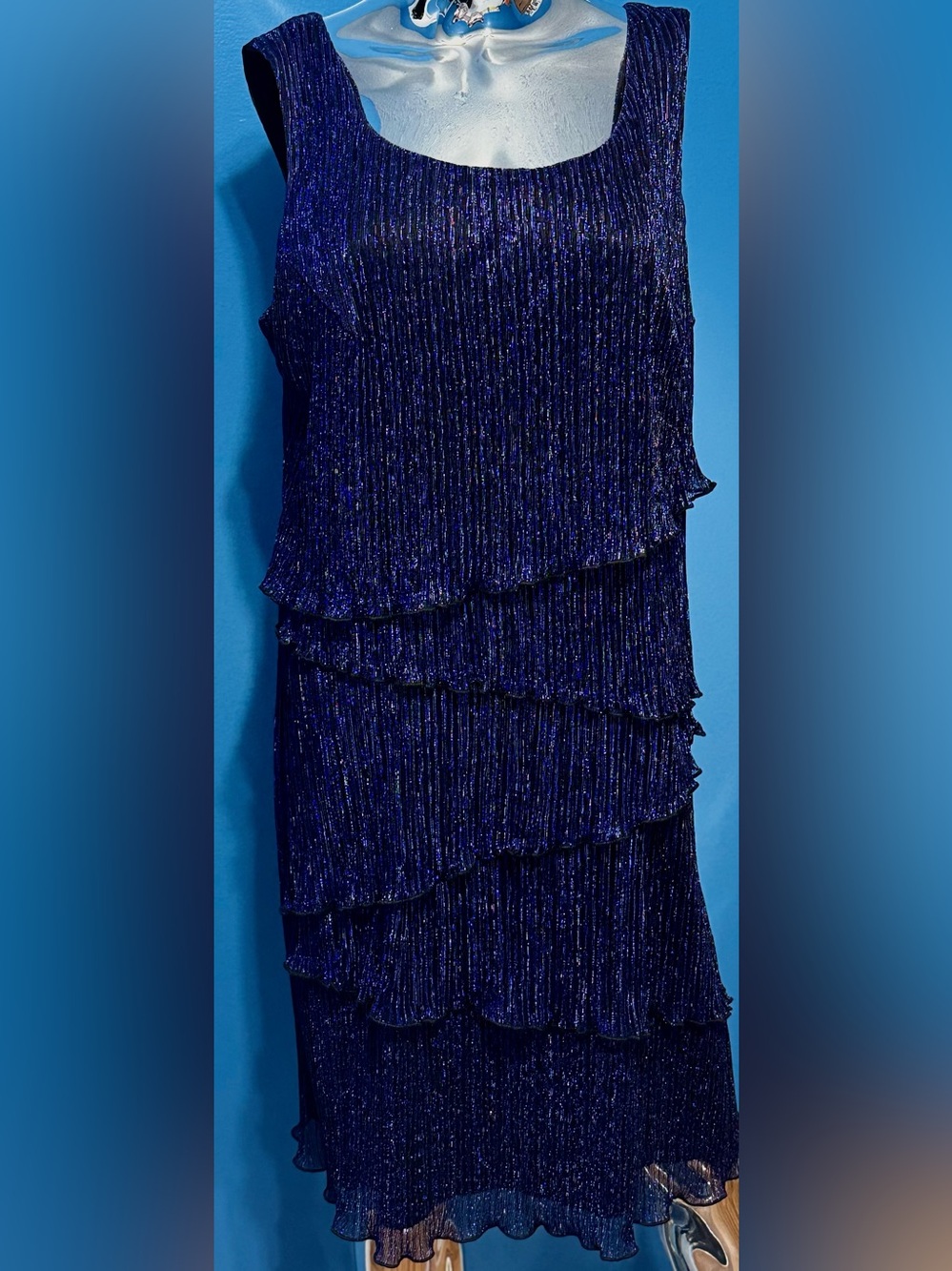 connected apparel Navy Blue Metallic Layered Ruffle Dress